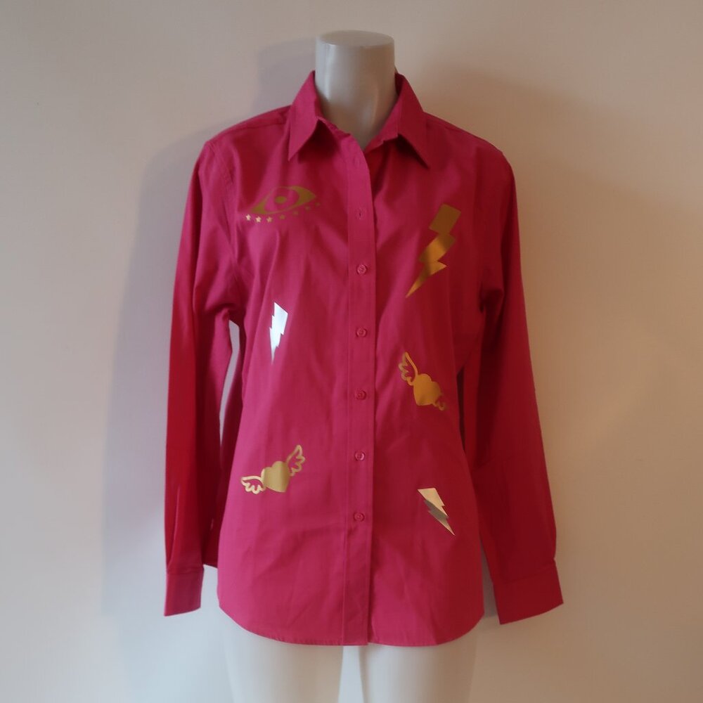 NWT Womens Bululu Hot Pink Lightning/Hearts Button Down Shirt M